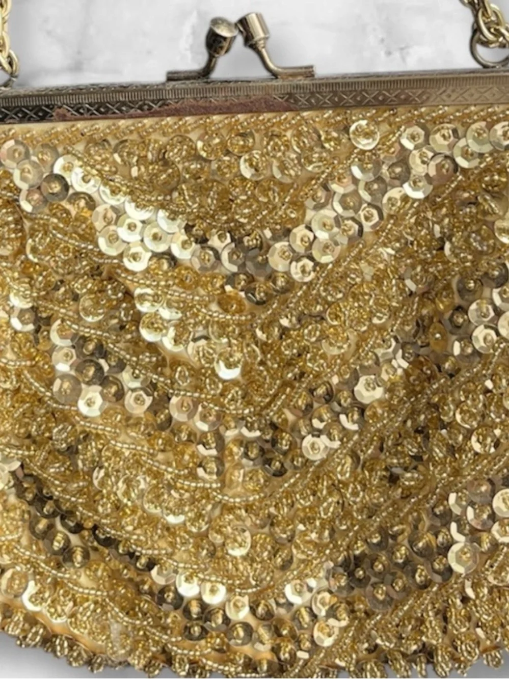 Vintage Gold Sequin Evening Bag Beaded Gold Tone Frame Chain Strap - Picture 8 of 14